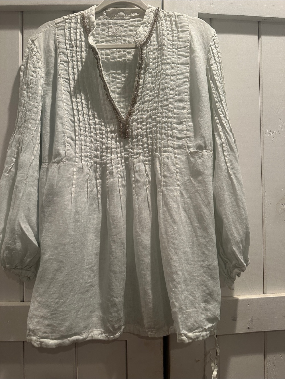 Light Cream Pintuck Tunic Top with Embellished V-Neck